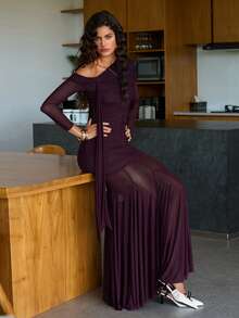 Opulessa Women's Solid Color Asymmetric Neckline Fitted Long Sleeve Dress, Christmas Party, Elegant New Year's Eve Outfits, Winter Going Out Outfits Burgundy - Brown - View 4