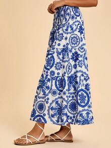 Travachic Women's Boho Blue Random Print Woven Fabric Maxi Skirt With Ruffle Hem And Slit Detail - Blue - View 5