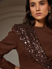 Aveloria Rosie Abito lungo con maniche, in stile europeo versatile per autunno/inverno, con patchwork e paillettes alla moda per feste - Caffè Marrone - Visualizzare 7