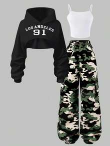SHEIN 3pcs/Set Camouflage Pattern Sweatshirt Top & Camisole & Drawstring Hem Casual Pants Outfit, Suitable For Teens, Spring/Autumn Daily Wear - Black and White - View 3
