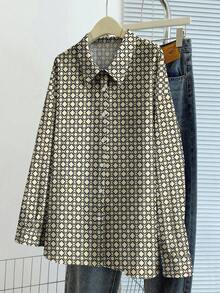 GlowEve CURVE 大码女式全印花长袖单排扣休闲衬衫 - 杏色 - 查看 6