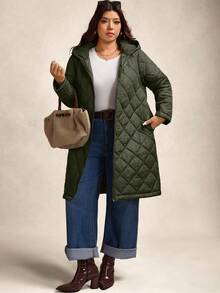 Zelara 大码女式远红外线棉质连帽拉链绗缝外套，黑色，秋冬季 - 軍綠色 - 查看 6