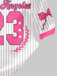 Y2K Streetwear Ballerina Schleife gestreiftes Motiv 23 Grafik locker geschnittenes V-Ausschnitt Kurzarm T-Shirt, Lässig für Teenager Mädchen, Sommer - Verschiedenfarbig - Übersicht 4