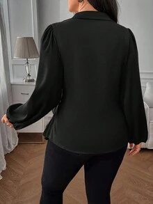 Easura Plus Size Glossy Fabric Blouse With Side Bow And Puff Sleeves, Fashionable And Versatile - Black - View 2