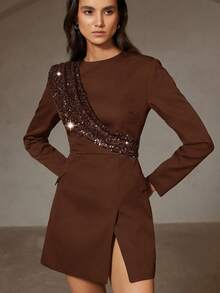 Aveloria Rosie Abito lungo con maniche, in stile europeo versatile per autunno/inverno, con patchwork e paillettes alla moda per feste - Caffè Marrone - Visualizzare 1