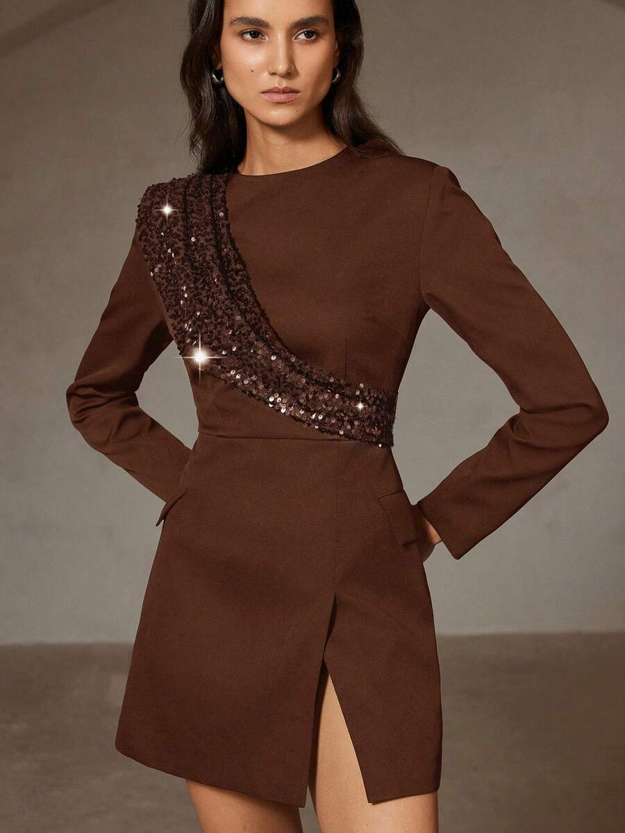 Aveloria Rosie Abito lungo con maniche, in stile europeo versatile per autunno/inverno, con patchwork e paillettes alla moda per feste - Caffè Marrone - Visualizzare 1