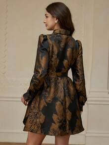 Revavyn Contrast Color Jacquard Fabric Collared Open Front Cinched Waist A-Line Elegant Vintage Versatile Women Long Sleeve Dress - Multicolor - View 2