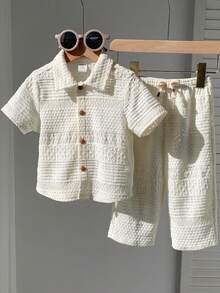 SHEIN 2件套男女宝宝幼儿白色镂空舒适短袖针织衫套装，包含上衣和阔腿裤，休闲复古百搭，日常可爱，适合春、夏、秋季、节日、庆典、度假、郊游、假日、婚礼、婴儿派对、洗礼、周岁生日等场合。 - 白色 - 查看 7