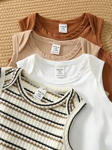 SHEIN 4件套新生男宝宝休闲可爱针织条纹卡其色无袖连体衣套装 - 彩色 - 查看 6