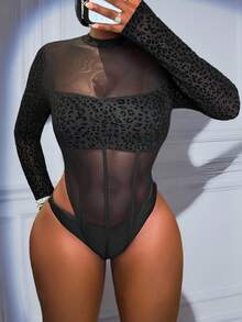 Slaydiva New Spring/Summer Music Festival Valentine's Day Casual Simple Basic Style Y2K Street Sweet Internet Celebrity Bestseller Daily Date Hot Girl Style Sexy See-Through Small Stand-Up Collar Long-Sleeved Leopard Print Patchwork Mesh Slim Fit Women's Jumpsuit Sexy Bodysuit Women Bodysuits Mesh Bodysuit Mesh Swimsuit - Black - View 10