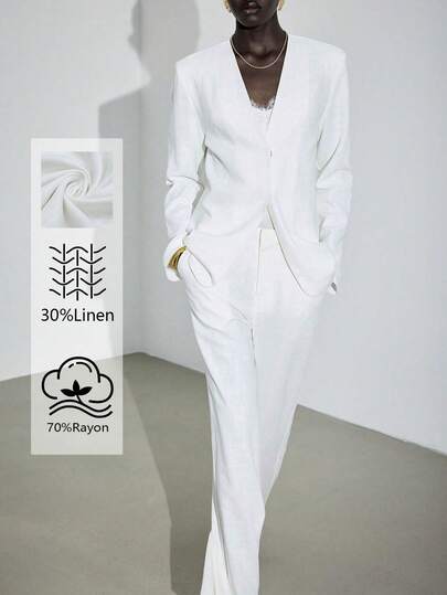Lumivelle Women's Fashionable, Simple, Loose-Fitting V-Neck White Business Suit Set