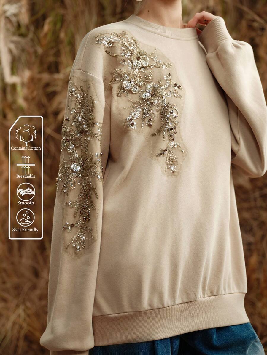 Arave Women's Cotton Round Neck Loose Fit Hand-Stitched Design Daily Casual Sweatshirt   Winter Clothes For Women Khaki Sweatshirt Zipper Jacket - Khaki - View 1