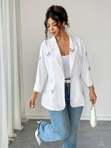 Elenzga Áo khoác blazer mỏng tay 3/4 họa tiết bướm 3D giản dị dành cho người đi làm cỡ lớn - trắng - Xem 4