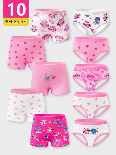 Young Girls Panties-10 Pack Cute Cartoon Heart Prints Pink White Boxer Briefs Bikini Shorts Comfortable Stretch Waistband Soft Lightweight Everyday Sleep School Holiday Gift 2026 Must Have Four Seasons Playful Sweet Machine Washable