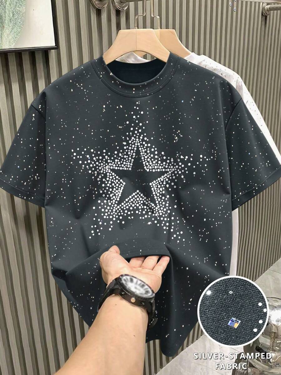 Manfinity Hypemode Áo thun nam cổ tròn tay ngắn dáng rộng thoải mái in họa tiết ngôi sao năm cánh màu bạc - Xám - Xem 1