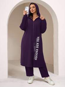 Veilorie Bộ 2 món/Bộ áo khoác hoodie và quần dài in khẩu hiệu thường ngày cỡ lớn, bộ trang phục mùa thu 2 món - Màu tím - Xem 4