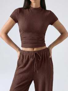 SHEIN EZwear 2pcs Women Casual Solid Color Short Sleeve Top And Pants Set, Spring & Summer - Coffee Brown - View 5