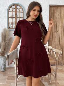 SHEIN LUNE Plus Size Bow Decor Casual Dress For Commuting, Summer 4th Of July White Graduation - Burgundy - View 4