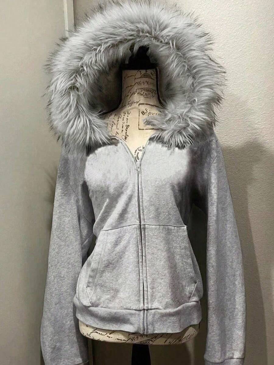 Glimmora Women's Solid Color Drop Shoulder Long Sleeve Zipper Front Pocket Casual Fleece Sweatshirt - Grey - View 1