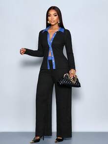 SOLERSUN Women's Two Pieces Suit Elegant Black Autumn Long-Sleeved Shirt Jacket And Pants Set,Smart Office Commuter Knitted Textured Contrast Denim Outfit - Black - View 7