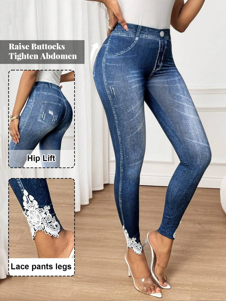 SHEIN Lady Women's Denim Effect Print Lace Trim Leggings - Multicolor - View 1