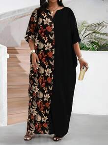 SHEIN Lady 大码休闲拼接印花V领宽松连衣裙，秋季款 - 彩色 - 查看 4