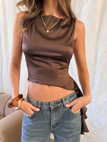 Aloruh Áo hai dây hở vai, viền bất đối xứng hở lưng dành cho nữ, màu nâu trơn, thích hợp mặc dự tiệc, đi làm và mặc hàng ngày, mùa thu/đông - màu nâu - Xem 5