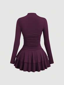 vintage de manga larga, cuello alto y cintura fruncida en color rojo para mujer, otoño/invierno - Rojo violeta - Ver 2