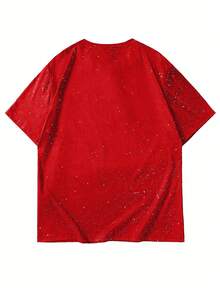 Claim Dot 男士休闲宽松圆领短袖T恤，饰有金属五角星印花 - 紅色 - 查看 2