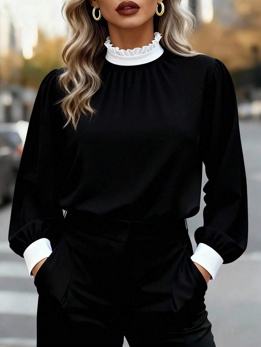 Elenzga 大码女式休闲荷叶边领拼接白色衬衫 - 黑與白 - 查看 1