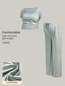 SHEIN 2 pezzi Set casual di maglietta a maniche corte con scollo quadrato e arricciature e pantaloni con vita con coulisse, colore tinta unita, per gravidanza - Verde - Visualizzare 1