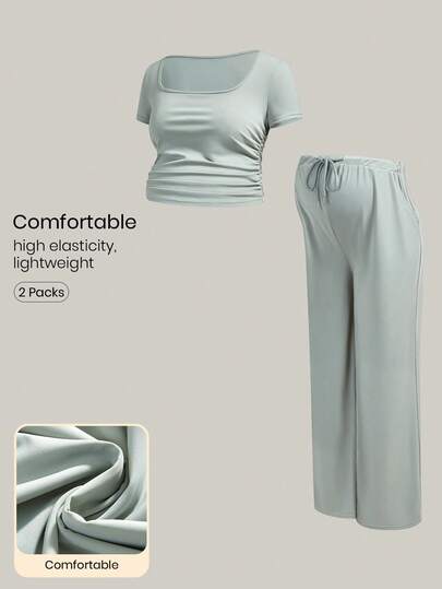 SHEIN Maternity Clothes Nursing Two-Piece Set Spring And Summer Pregnant Clothes Green Maternity Two-Piece Set: Square Neck T-Shirt And Trousers; Soft, Comfortable, Suitable For Casual Vacations