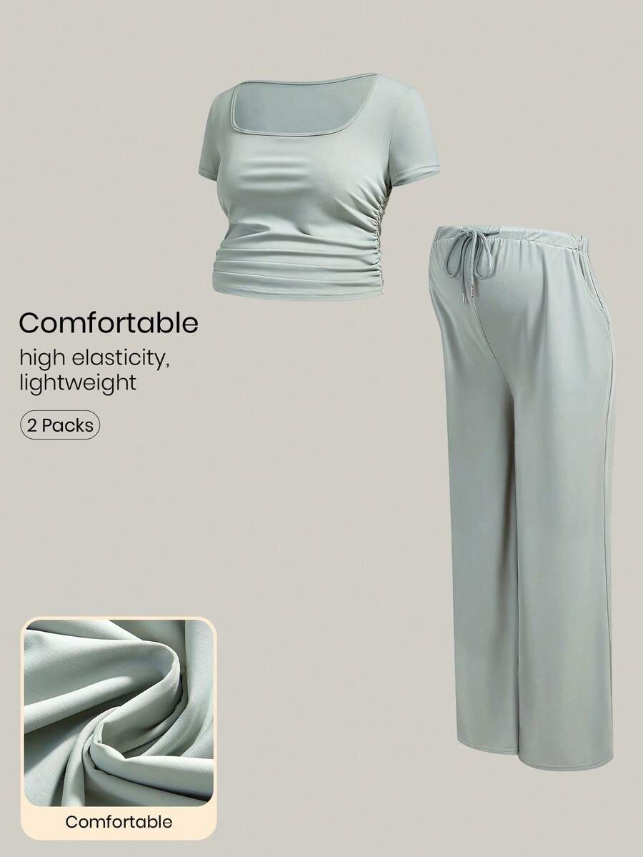 SHEIN 2 pezzi Set casual di maglietta a maniche corte con scollo quadrato e arricciature e pantaloni con vita con coulisse, colore tinta unita, per gravidanza - Verde - Visualizzare 1