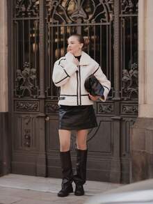 Anewsta Plus Fleece Thick Leather Patchwork Loose Short Jacket - Beige - View 10