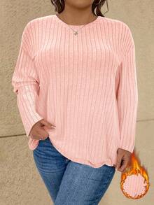 Vionelle Plus Size Casual Long Sleeve T-Shirt, Versatile For Spring/Summer Sweater For Women Pink Sweater Pink Long Sleeve Top Ribbed Shirt - Baby Pink - View 4