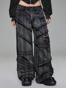 ROMWE Grunge Punk Spring Casual Y2K Punk Rivet Decor Distressed Vintage Washed Wide Leg Low Waist Jeans - Black - View 3
