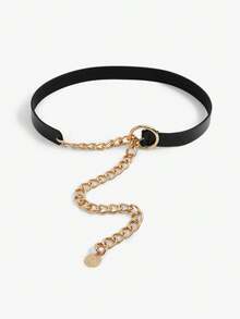 SHEIN Autumn New Arrival Metal Chain & Pu Leather Composite Women's Waist Belt, Matchable With Suit Shirt, Versatile Decorative Waist Chain Halloween Summer, School Fall, Autumn, Halloween - Black - View 1