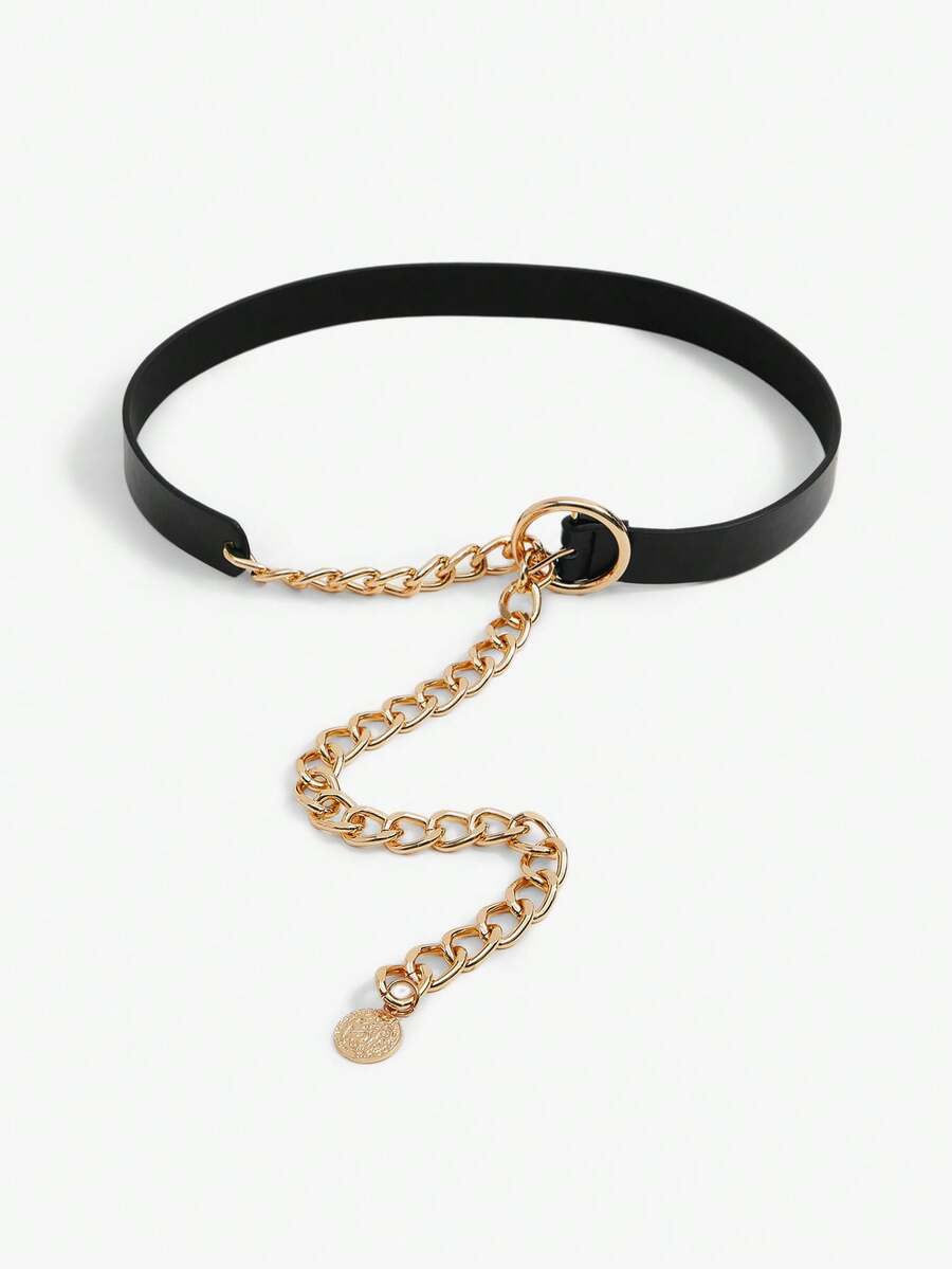 SHEIN Autumn New Arrival Metal Chain & Pu Leather Composite Women's Waist Belt, Matchable With Suit Shirt, Versatile Decorative Waist Chain Halloween Summer, School Fall, Autumn, Halloween - Black - View 1