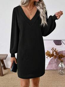 SHEIN 女士纯色V领长袖休闲宽松短裙 - 黑色 - 查看 4