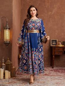 Al Najma Women's Vacation Style Floral Retro Print Long Sleeve Cinched Waist Plus Size Arabic Maxi Dress Kaftan Jalabiya Dress