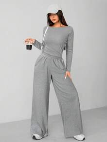 SHEIN PETITE Bộ đồ hai mảnh màu xám đậm mặc nhà thoải mái và dễ chịu cho nữ mùa thu đông áo len mỏng + quần ống rộng - Xám - Xem 3