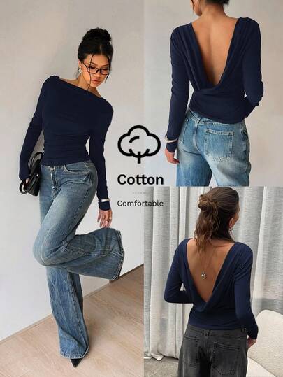 Siren Gaze Women's Casual Everyday Commute Sexy Minimalist Solid Color Boat Neck Backless Drape Long Sleeve Fitted T-Shirt, Spring/Autumn Open Back Shirt Fitted Tops