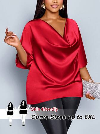 SHEIN CURVE+ Jul Plus Size Dam Fashionabel Enfärgad Elegant Mock Neck Snygg Och Sofistikerad Blus Med Fladdermusärm Sommaroutfit Dam, Röd Blus, Löst Sittande Kortärmad Skjorta Med Draperad Halsringning Och Veckade