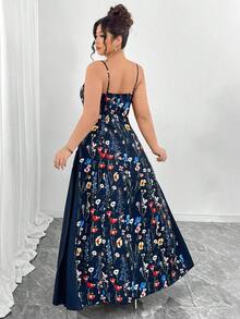 Elenzga Đầm slip dáng chữ A thắt eo, vạt bất đối xứng, cổ tròn, họa tiết hoa màu nước, cỡ lớn, thích hợp cho ngày Valentine, thanh lịch cho các buổi đi chơi, hẹn hò, tiệc tùng, trà chiều và kỳ nghỉ. - Màu xanh hải quân - Xem 2