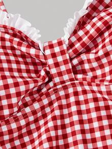SHEIN MOD Women's Ruffled Plaid One-Piece Swimsuit, Vacation, Swim Suits For Women, Beach Set, Valentine's Day ,Holiday Outfits, Vacation Outfits Women - Red and White - View 5