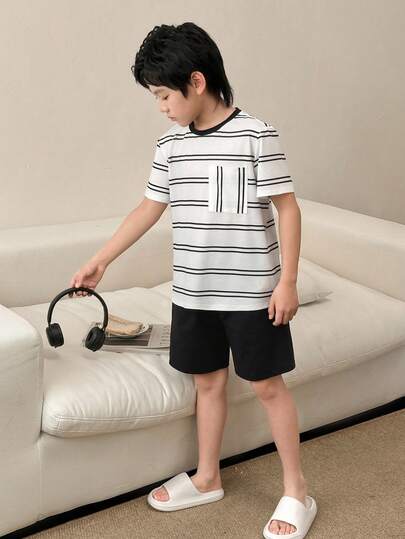 2 st barn/tonårspojkar casual vardags bekvämt tryckt mönster rund halsringning kortärmat pyjamas topp och enfärgade shorts stickat loungewear set