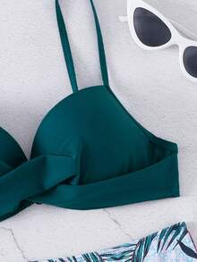 SHEIN Swim Lushore Nhiệt đới Bộ Bikini Xoắn Push-Up Khóa Trở lại Bras & Hipster Đáy 2 mảnh Bộ đồ tắm - Màu xanh ngọc - Xem 4