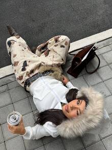 CovetEZ 女士休闲拉链蓬松连帽运动衫，秋季白色连帽衫