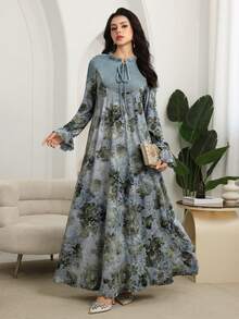 SHEIN Najma Women's Loose Fit Ruffled Hem Long Sleeve Dress, Autumn/Winter - Baby Blue - View 2