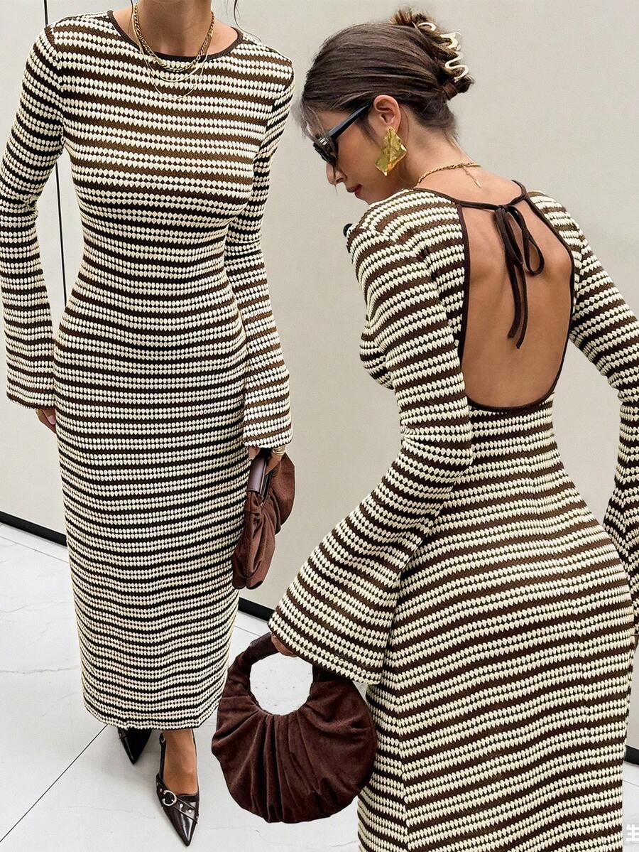 Siren Gaze 女士棕色条纹长袖露背修身长连衣裙 女士休闲圆领露背长袖连衣裙 女士优雅连衣裙 女士圣诞装扮 - 棕色 - 查看 1